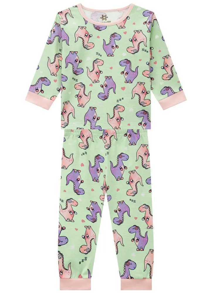 Pijama infantil menina com estampa de dinossauro Brandili