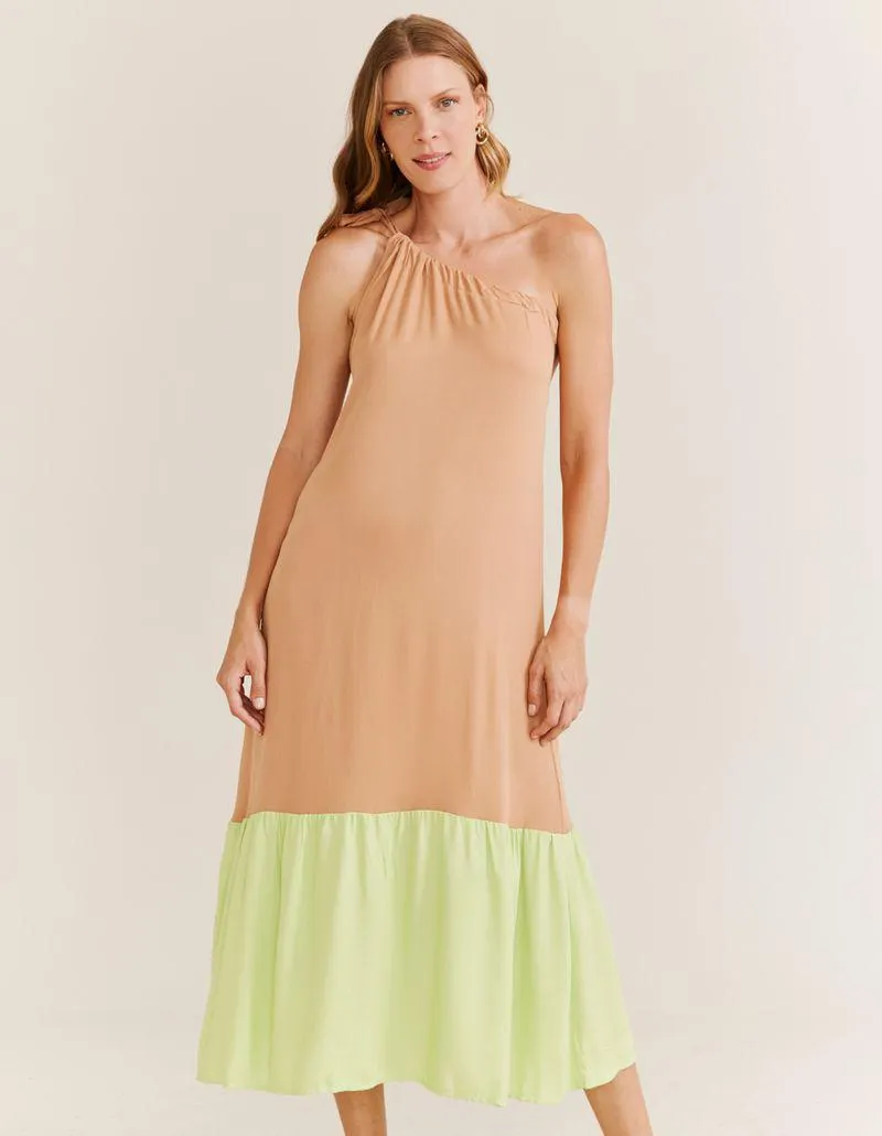 Vestido Longo Ombro Só - Bege / Lima