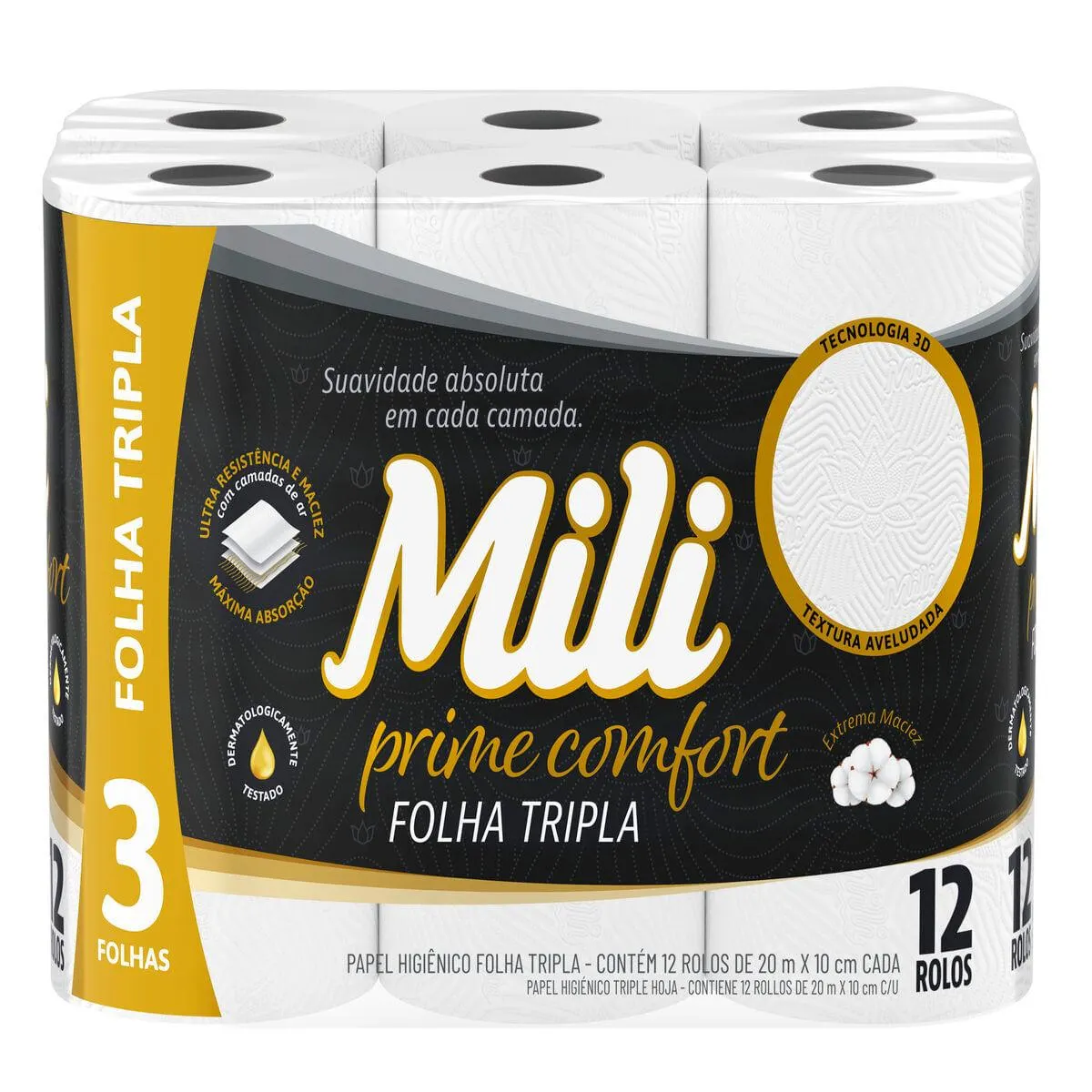 Papel Higiênico Folha Tripla Mili Prime Comfort 20m Com 12 Rolos