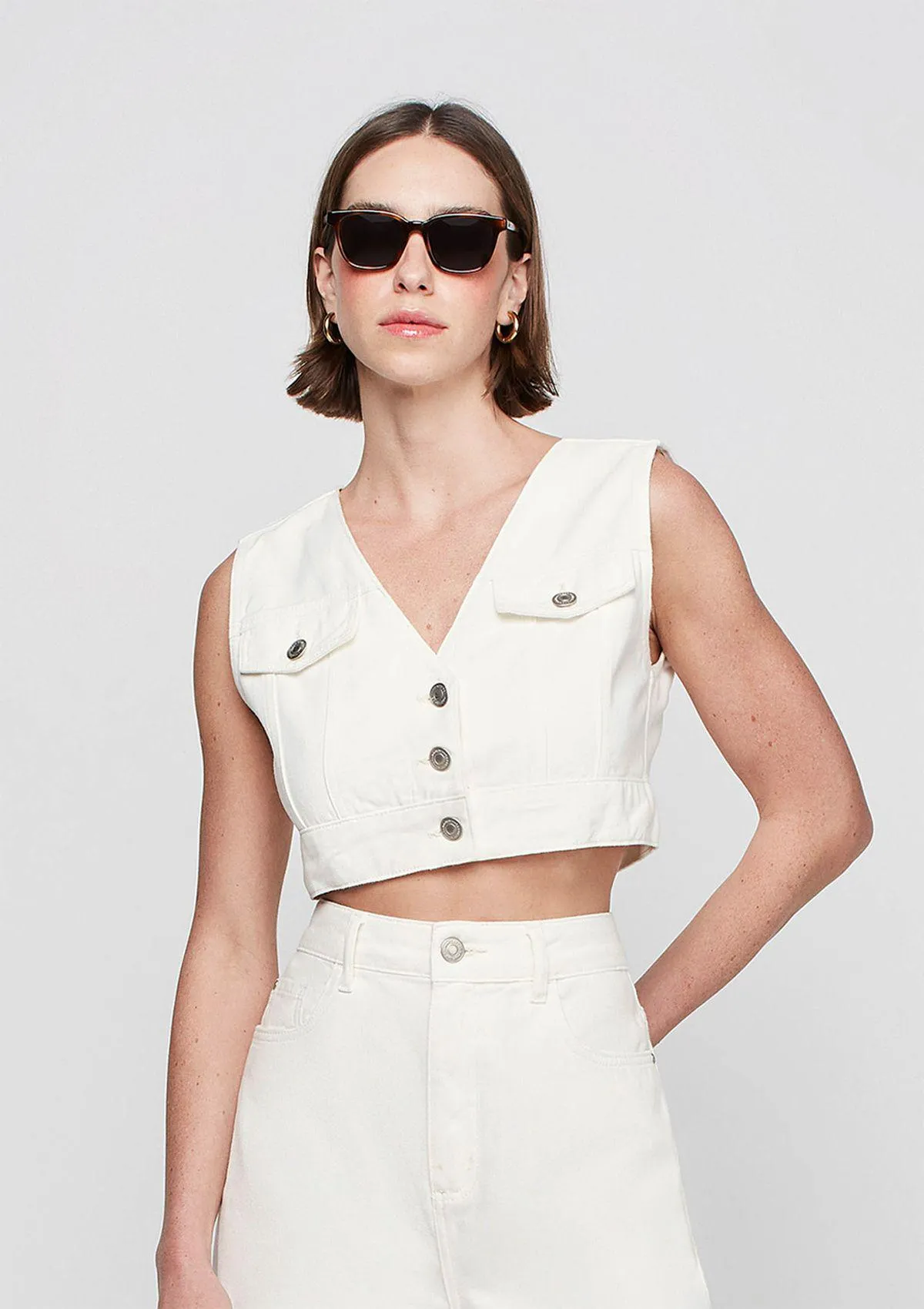 Colete Jeans Cropped Decote V - Off White