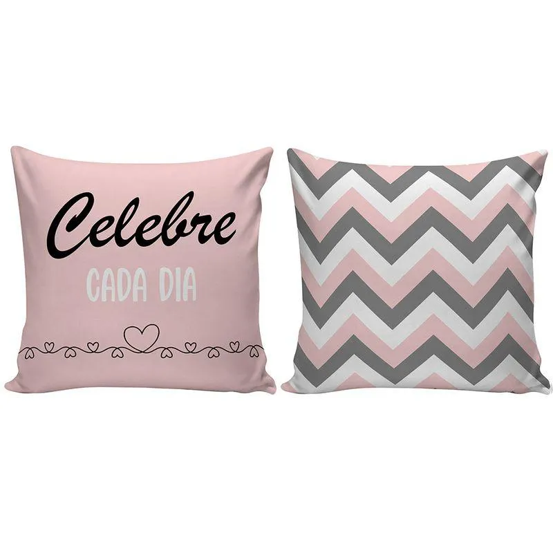 Kit Capa Almofada Com 2 Peças Estampa Celebre Cada Dia E Zig Zag 40x40cm - Nsw Decor