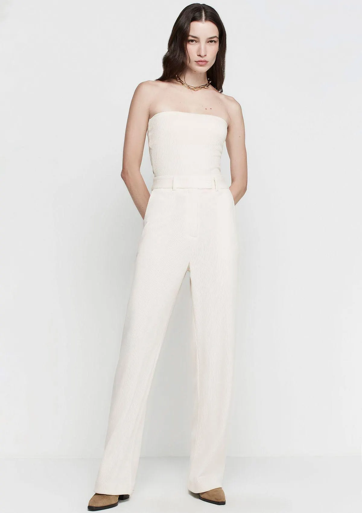 Calça Pantalona Cintura Alta Em Tecido Cotelê - Off white