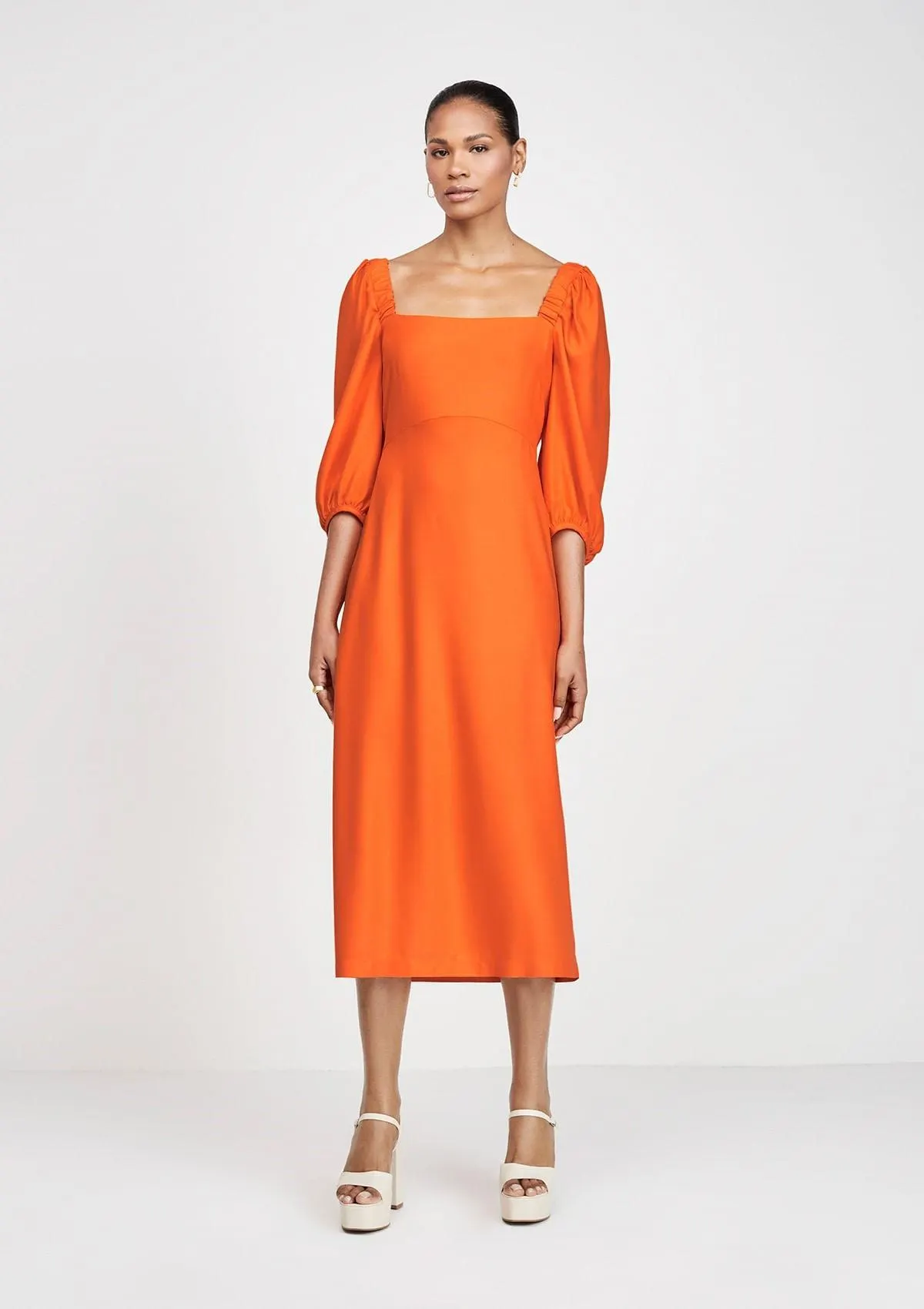 Vestido Midi Em Viscose Evasê - Laranja