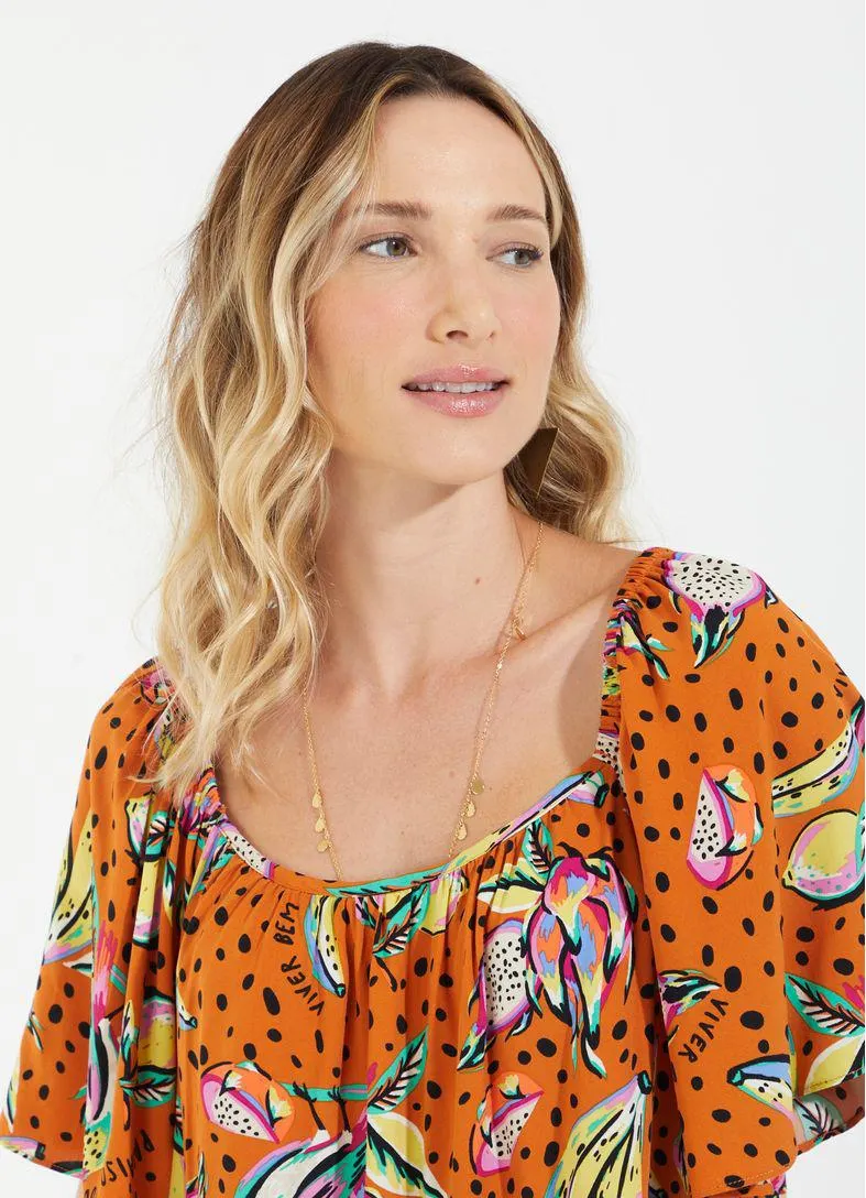 Blusa decote quadrado estampada pitaya laranja