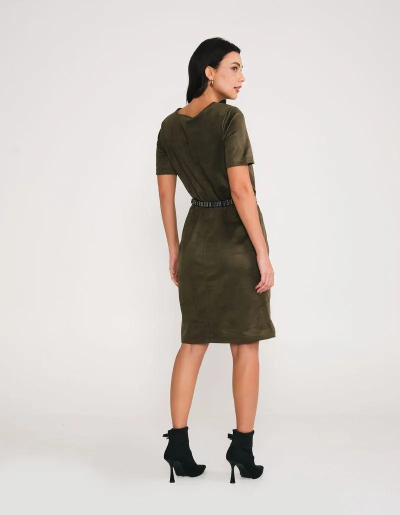 Vestido Midi Suede Faixa - Verde Oliva