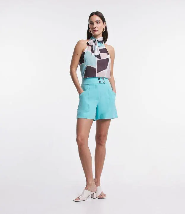 Short Alfaiatado Cintura Alta com Transpasse com Botões Diferenciados Azul Turquesa