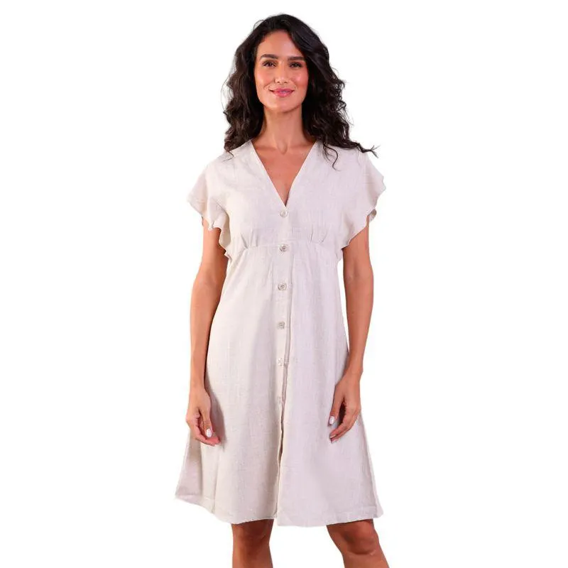 Vestido Linho Evasê com Botões Areia