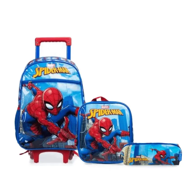 Kit Mochila Escolar Infantil Masculina Com Rodinhas Homem Aranha Com Lancheira E Estojo Azul