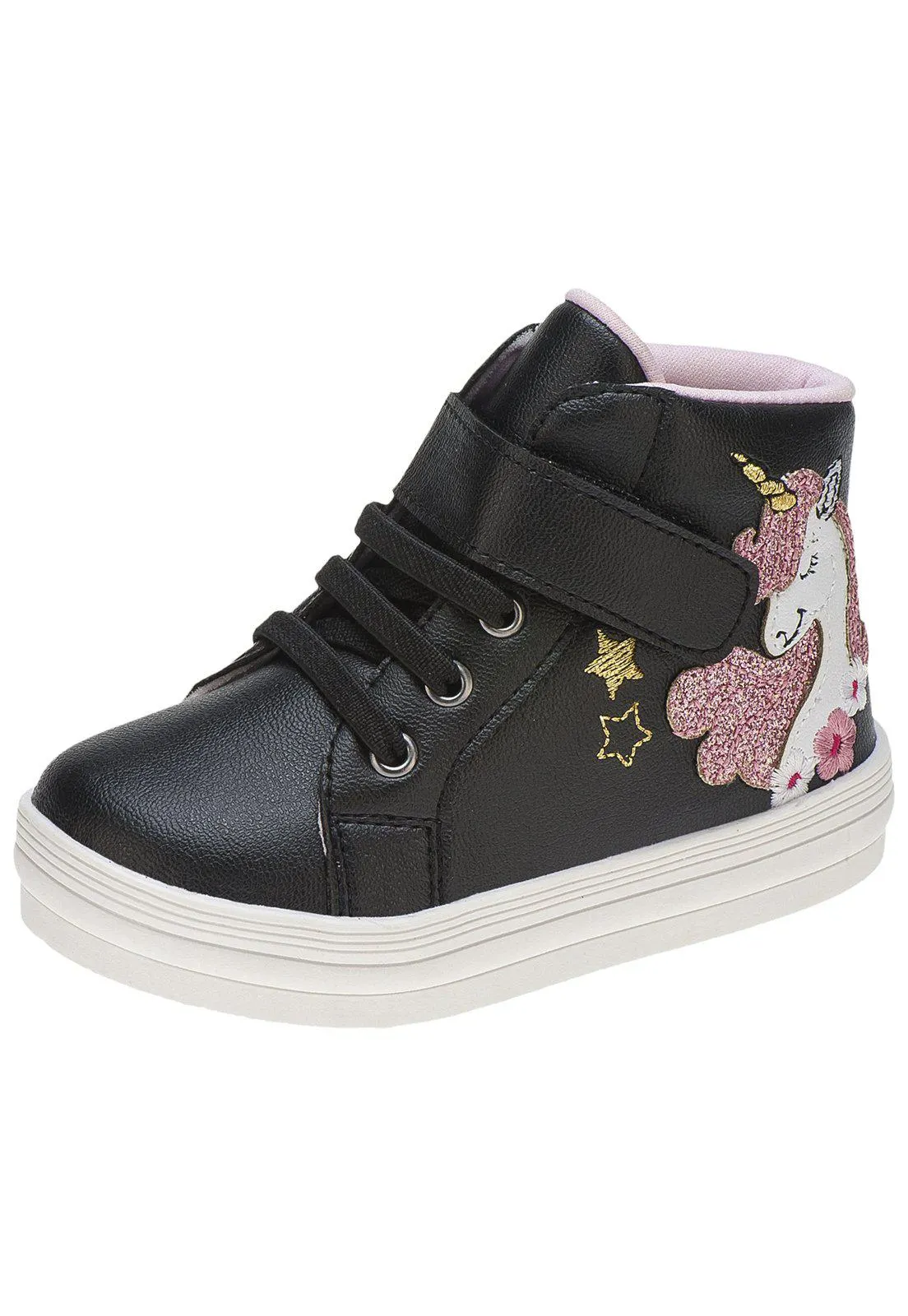 Tênis Bebe Menina Fashion Unicornio Cano Alto Preto