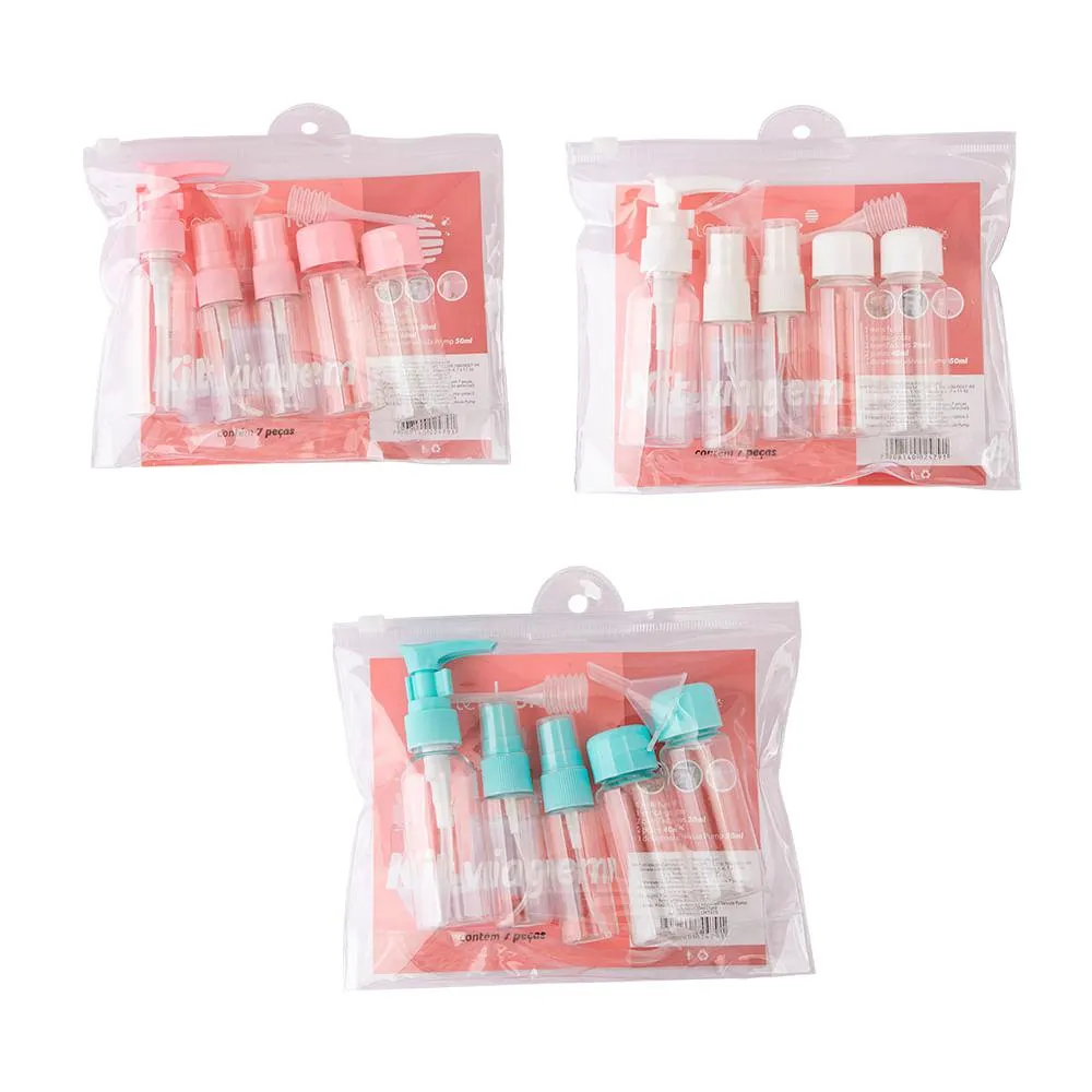 Kit Viagem Portátil 7 Frascos Plástico PE PET Sortido 11,5x3x3cm LM1976 - honeyhome
