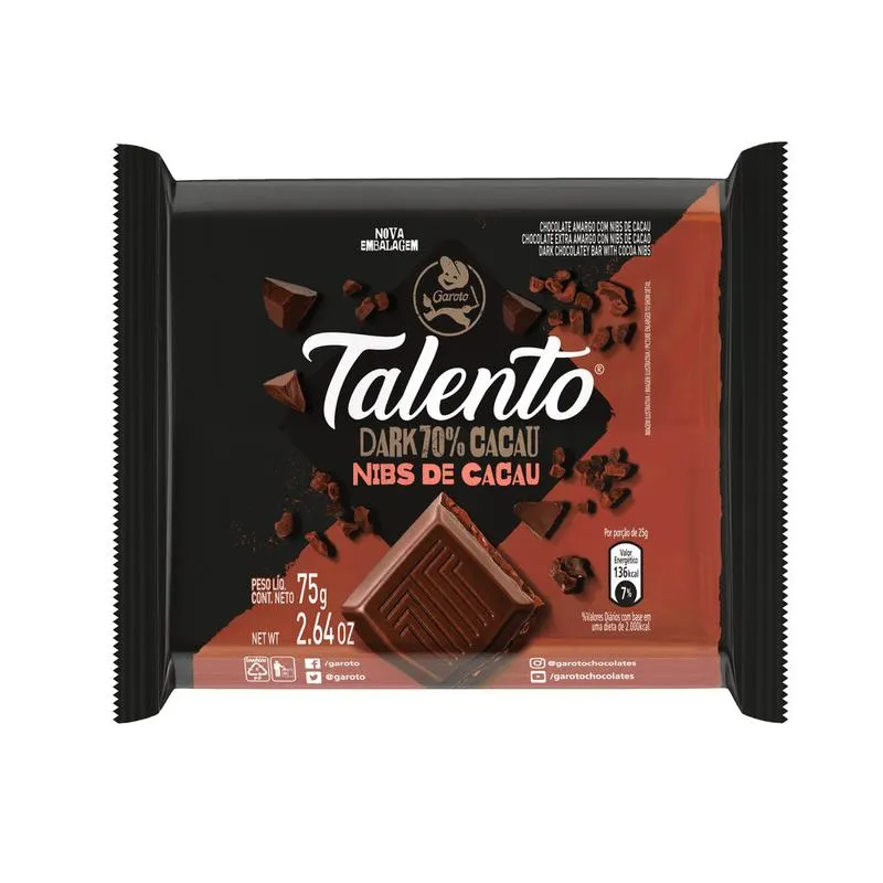 Chocolate GAROTO Talento Nibs de Cacau e Dark 70% Cacau 75g