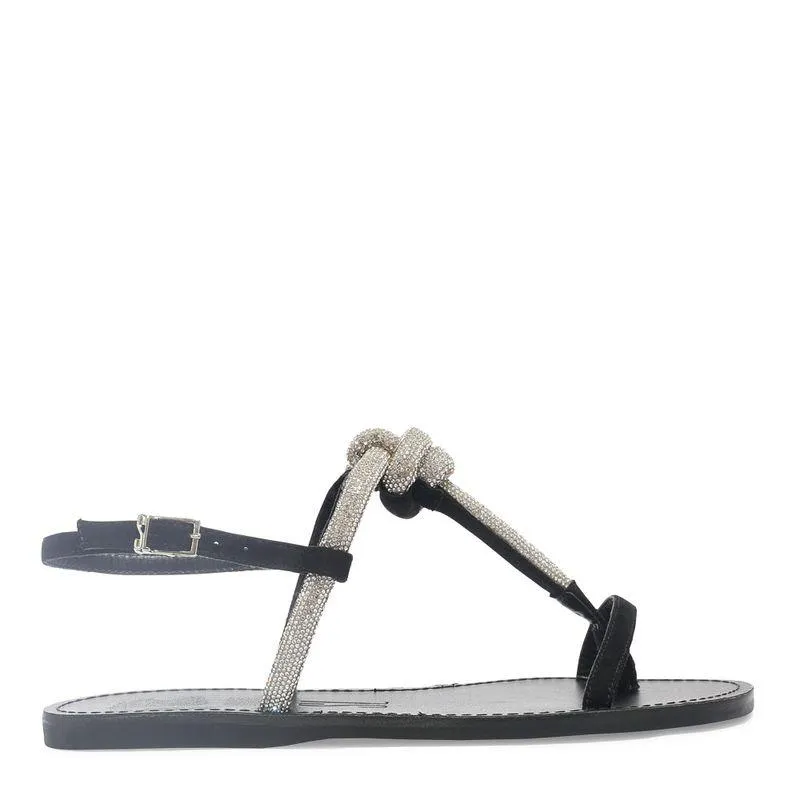 Sandália Rasteira Preta Camurça Nó Strass