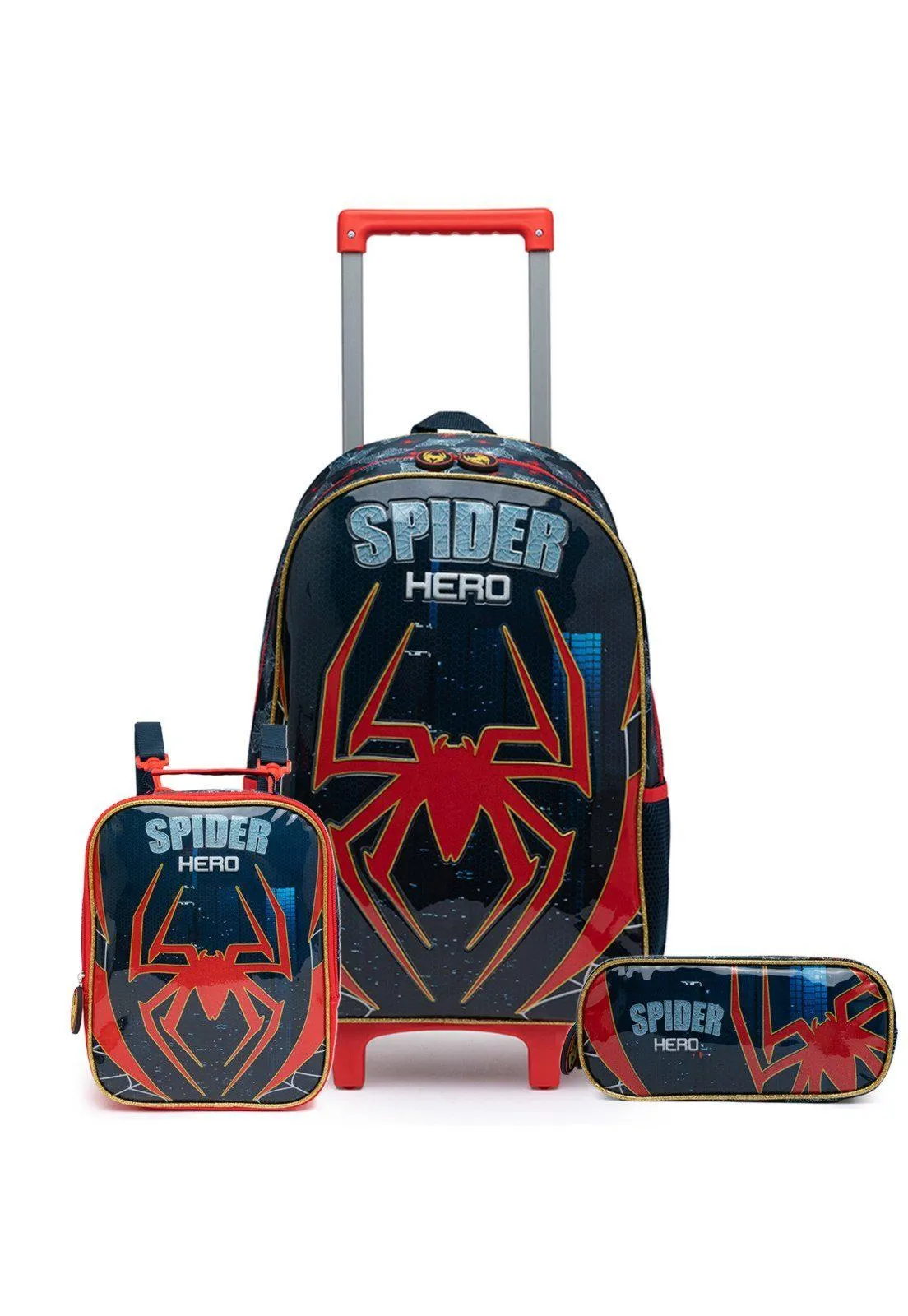 Kit Mochila De Rodinha Estojo Lancheira Spector Preto/Vermelho