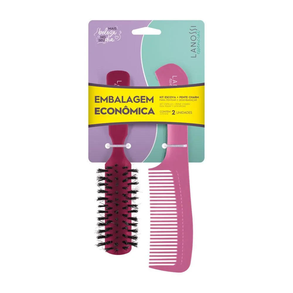 Kit Escova E Pente Essencial Charm Plástico Roxo 2 Peças LS0075 - Lanossi