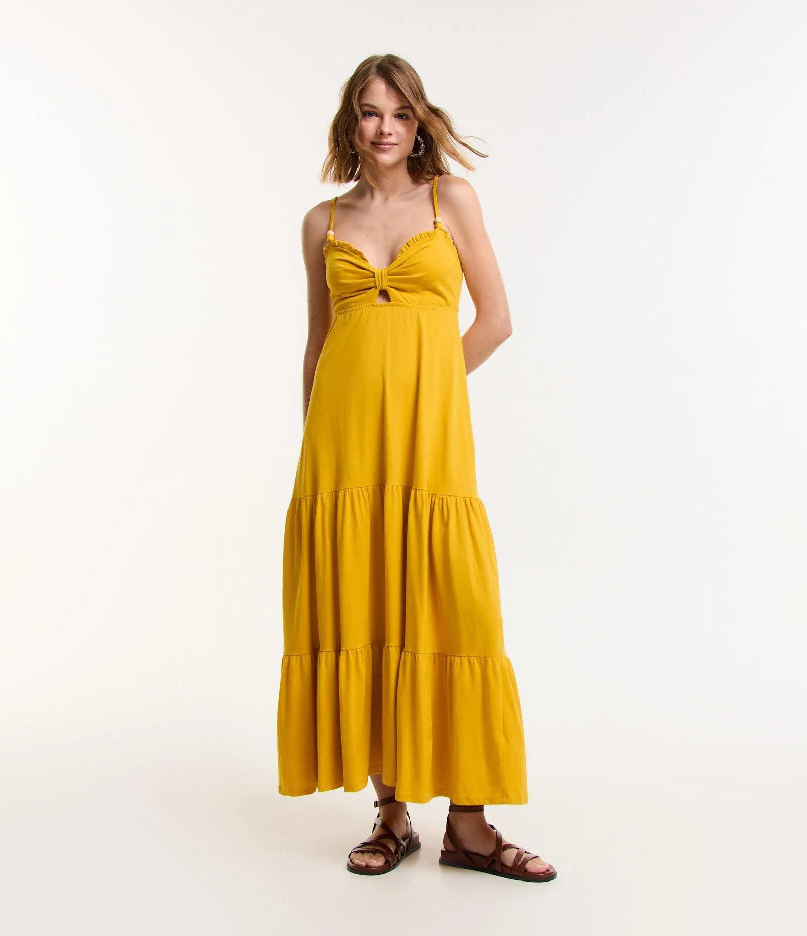 Vestido New Midi em Algodão com Alça Trançada Amarelo