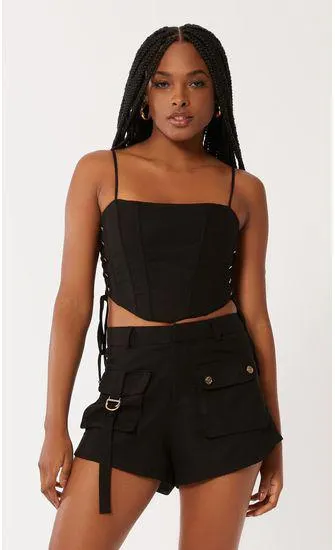 Corselet Linho Trançado Lateral - Preto