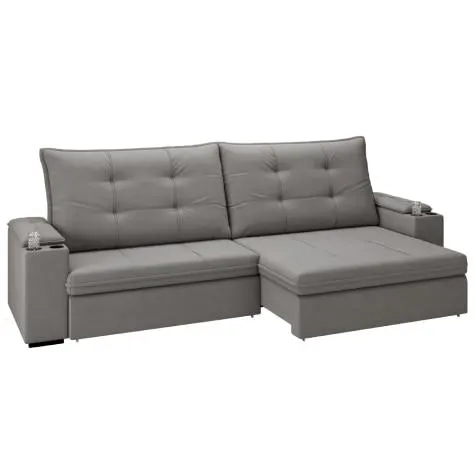 Sofá 4 Lugares com Porta Copos Retrátil e Reclinável França Luizzi 2,30m Suede Cinza