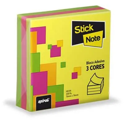 Bloco Adesivo Neon, 3 cores, 100 folhas, 76 x 76mm, Stick Note - PT 1 UN