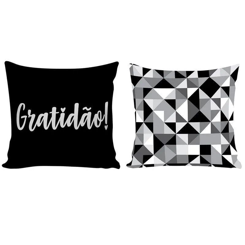 Kit Capa Almofada Com 2 Peças Estampa Gratidão E Figuras Geométricas 40x40cm - Nsw Decor