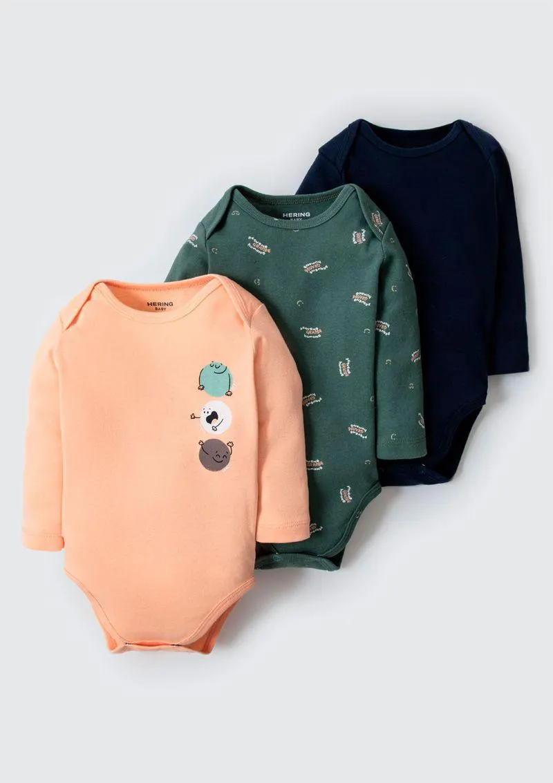 Kit Com 3 Bodies Bebê Menino Manga Longa Em Ribana - Multicolorido