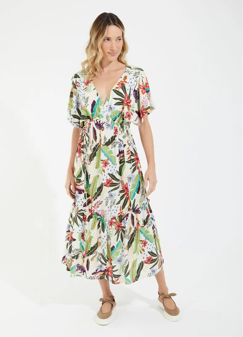 Vestido midi decote v estampado nativa off white