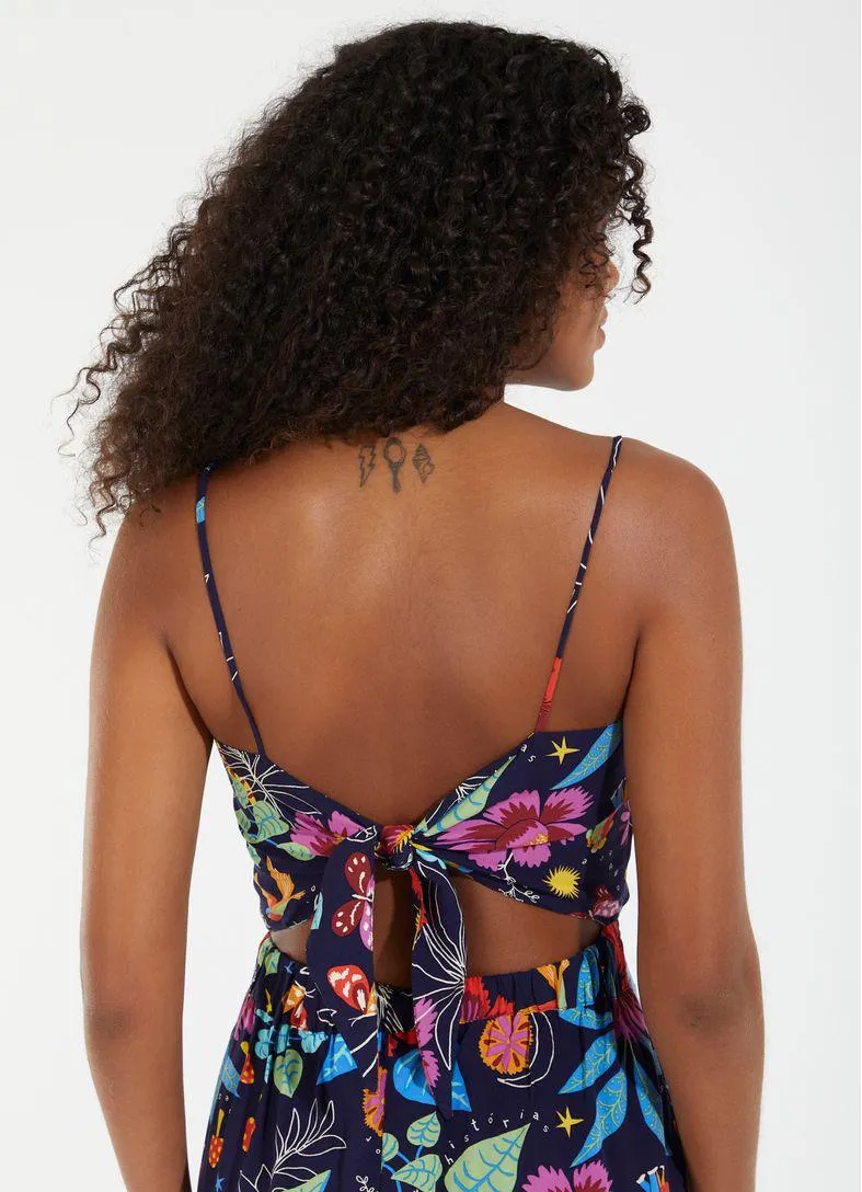 Vestido curto torcido estampado romance azul marinho