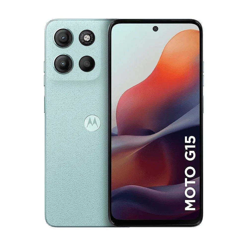 Smartphone Motorola Moto G15 Android Tela 6.7" 128GB Câmera 50MP+5MP Octa-Core 2.0GHz Azul Claro Vegan Leather