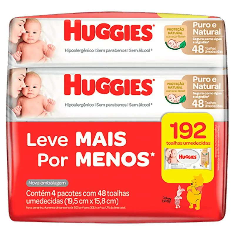 Pack Toalha Umedecida Infantil sem Perfume Disney Baby Huggies Puro e Natural Pacote 4 Unidades Leve Mais Pague Menos