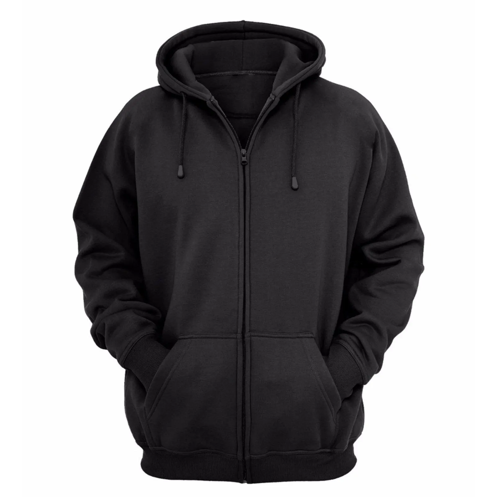 Moletom Com Zíper e Bolso Blusa de Frio Fechado Flanelado Moleton Com Capuz Blusão Casaco de Algodão Unissex Liso Sem Estampa Preto