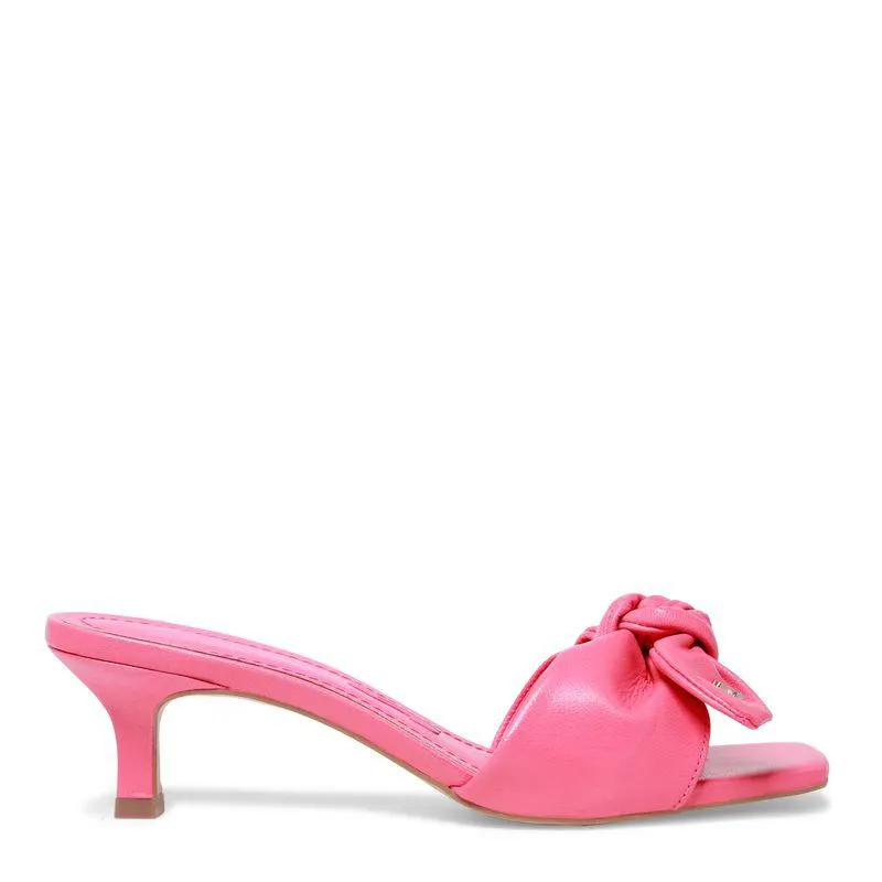 Sandália Mule Rosa Couro Laço Bico Quadrado