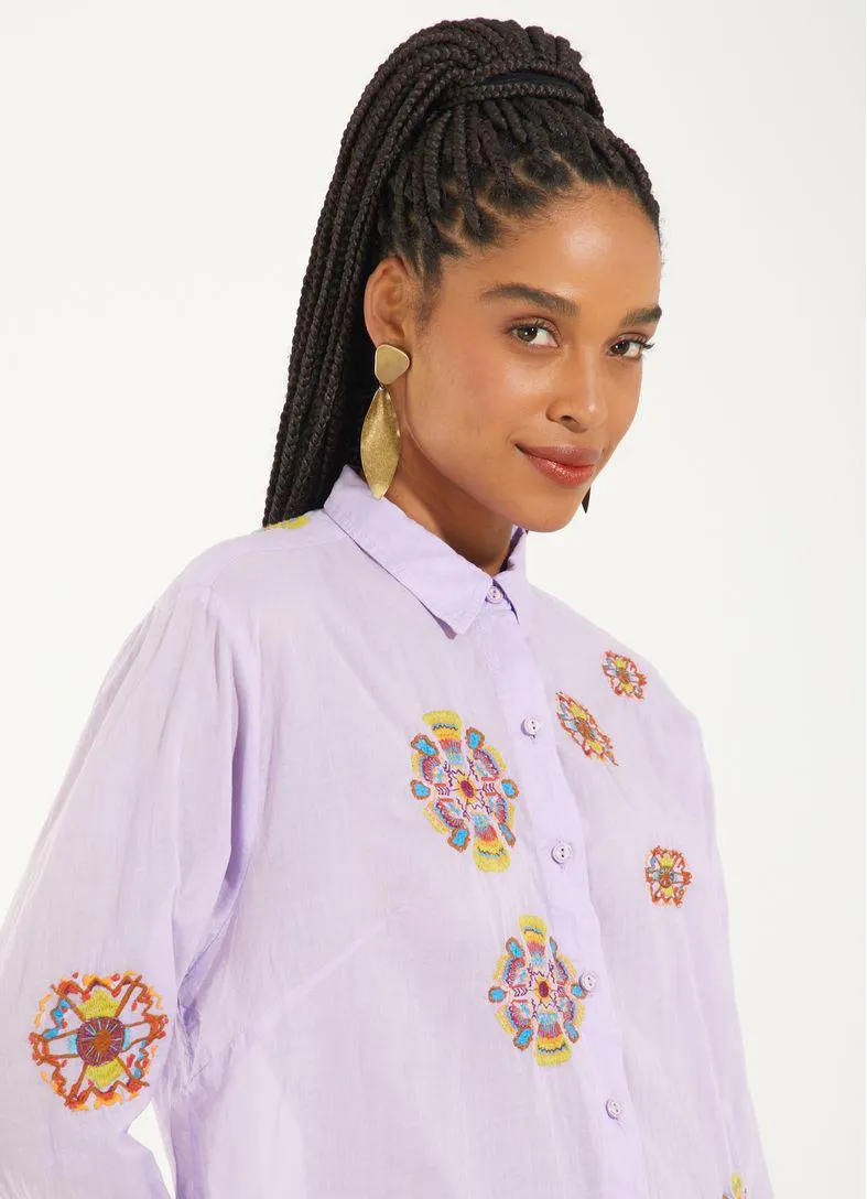 Camisa voil longa bordado mandalas roxo
