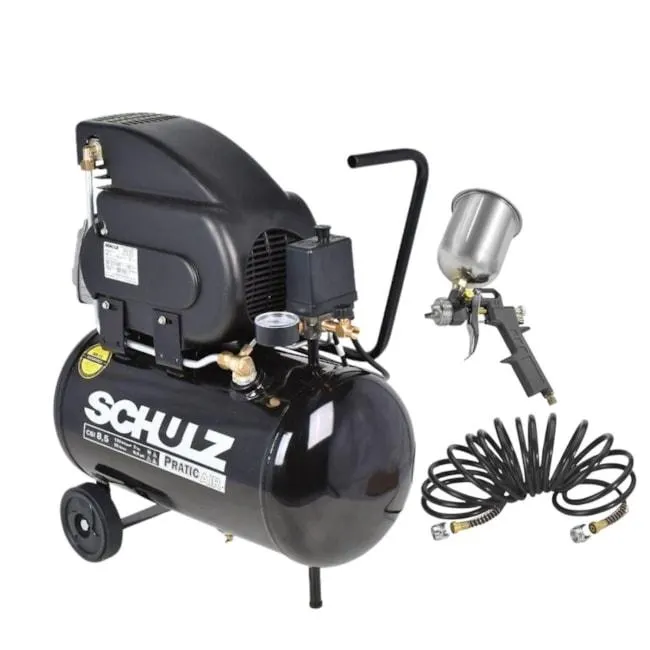 Kit de Compressor de Ar 8.5 Pés 25Litros + Pistola e Mangueira para Pintura SCHULZ