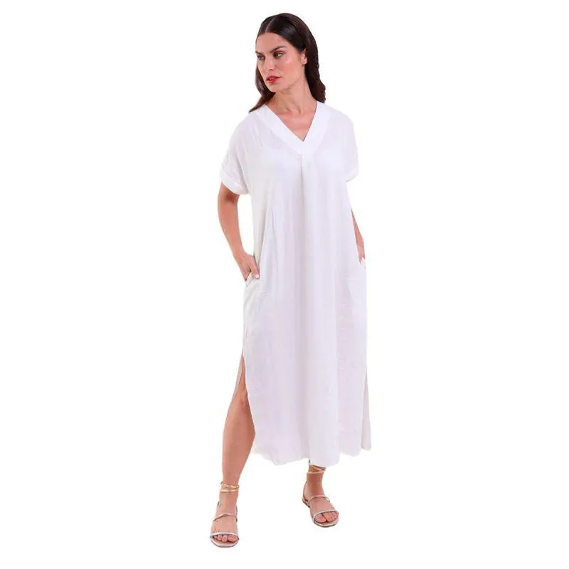 Vestido Longo Linho Com Bolsos Decote V Off White