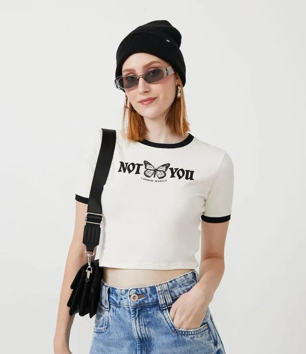 Blusa em Meia Malha com Estampa Not You Butterfly Off White