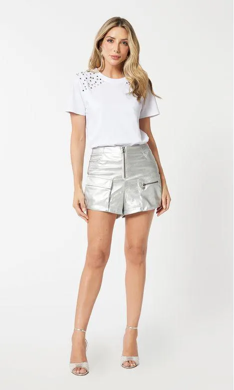 Short Utilitario Faux Leather Metalizado - Prata
