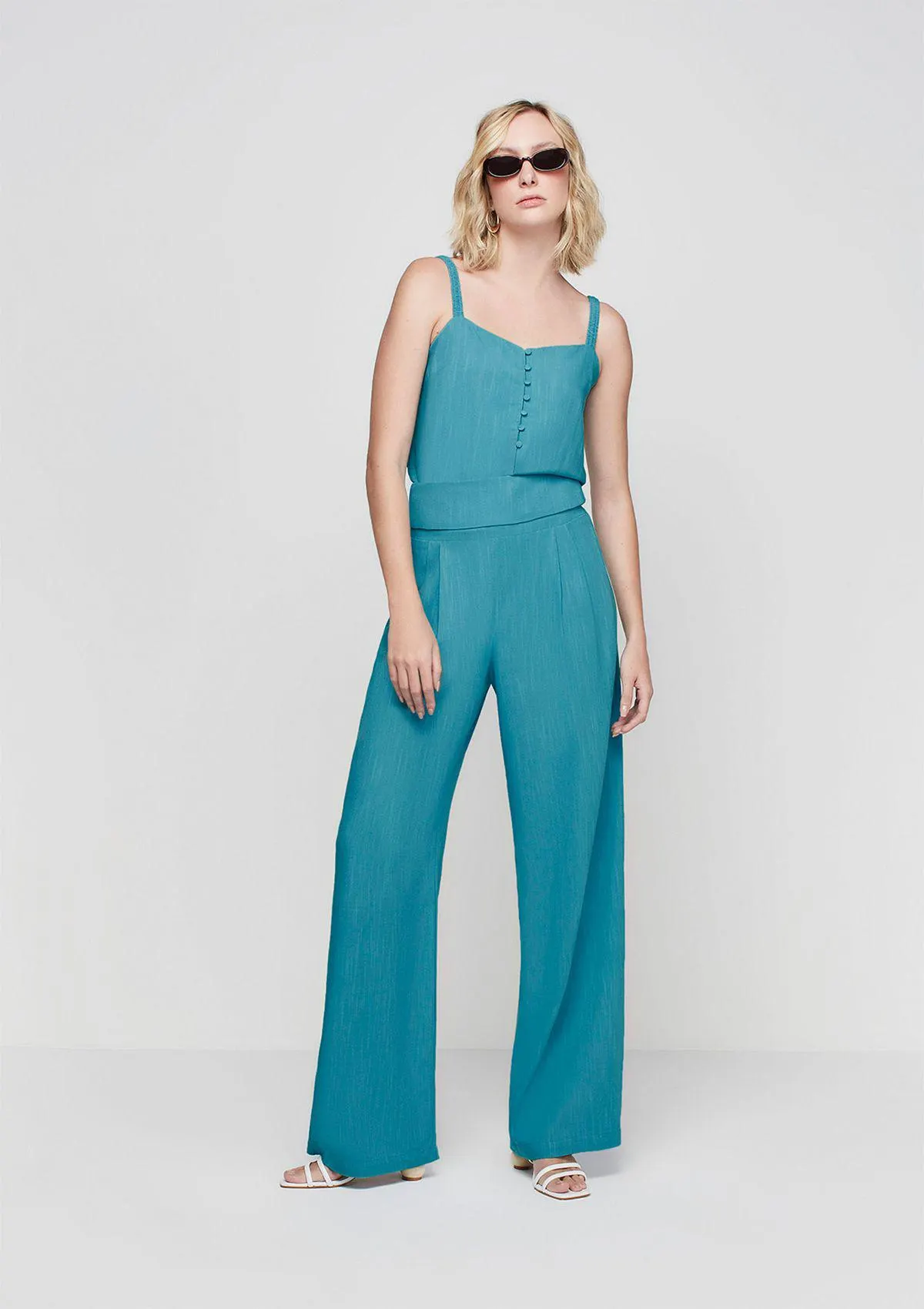 Calça Reta Cintura Alta Em Linho - Azul