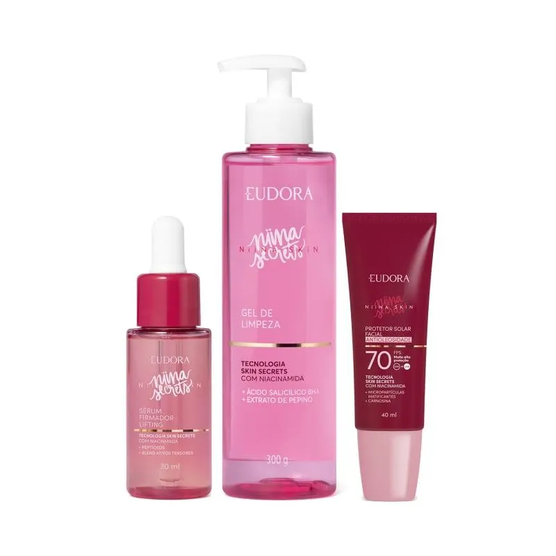 Combo Niina Facial: Gel de Limpeza 600g + Sérum Pró Colágeno 30ml + Protetor Solar Antioleosidade FPS 70