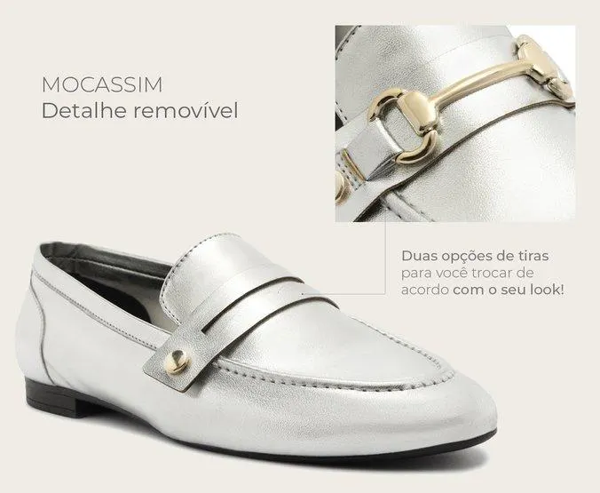 Mocassim Detalhe Removível Bridão E Pala Prata