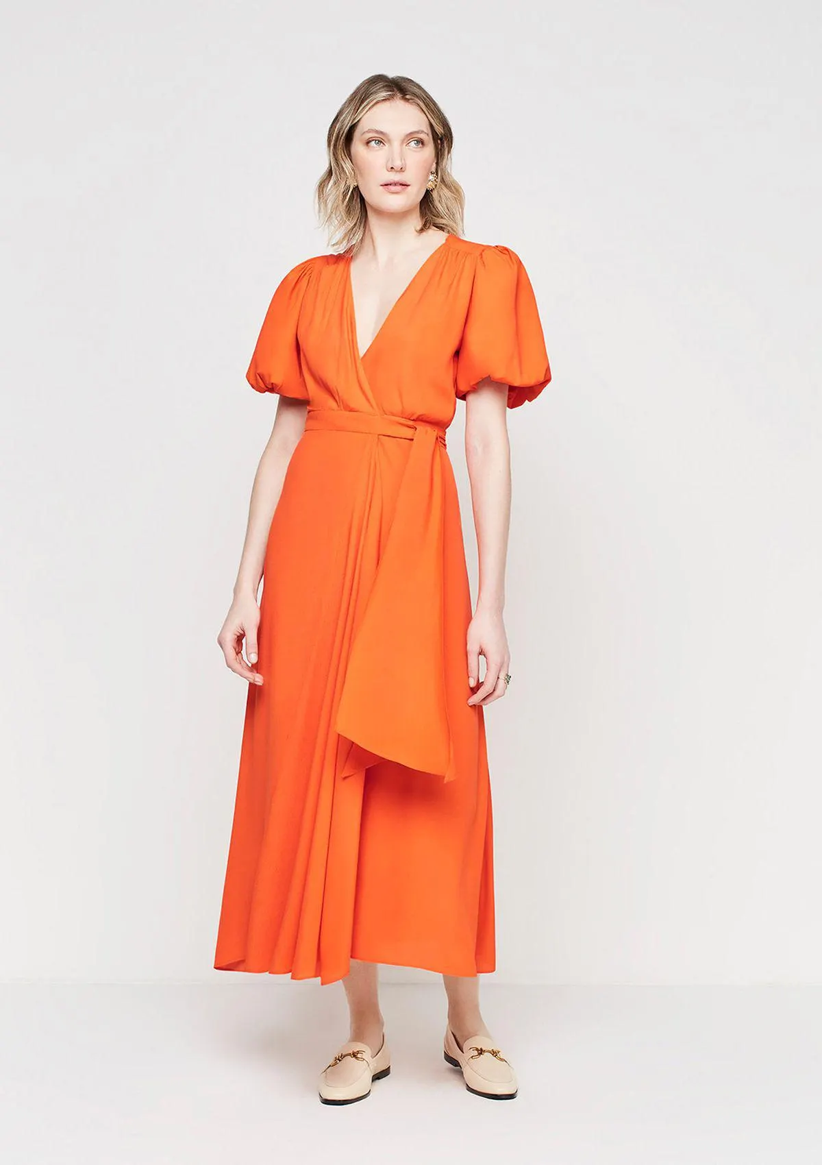Vestido Midi Evasê Em Viscose - Laranja