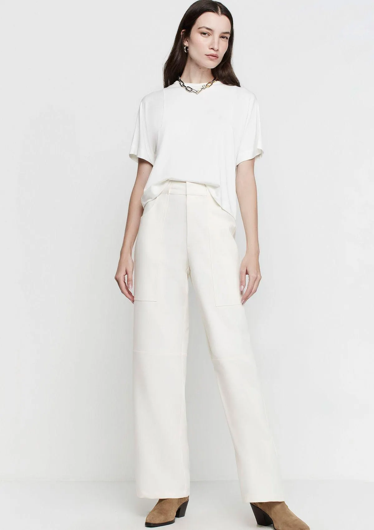 Calça Pantalona Cintura Alta Em Alfaiataria - Off white