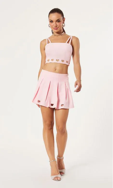 Short Saia Pregas Coração Brilho - Rosa