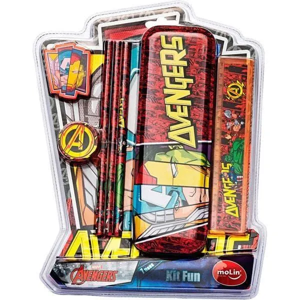 Conjunto Escrita Vingadores Avengers Marvel Fun c/7 itens: Estojo Metálico, Lápis Pretos, Régua, Apontador e Borracha - Molin - BT 7 UN