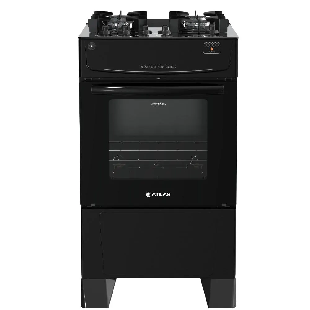 Fogão 4 Bocas de Piso Atlas Mônaco Top Glass, Acendimento Automático, Preto Bivolt