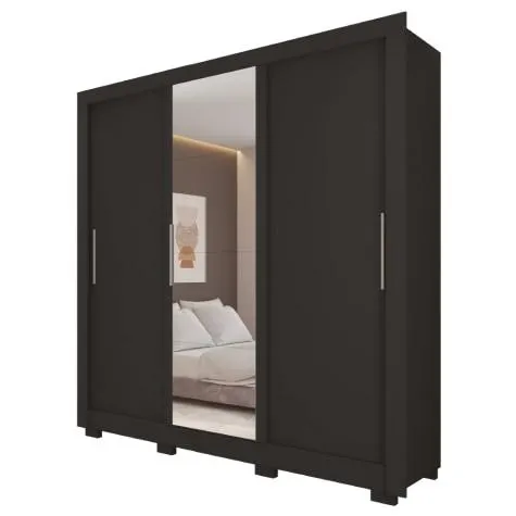 Guarda Roupas Casal com Espelho 3 Portas de Correr 2 Gavetas Vitória Preto Caemmun