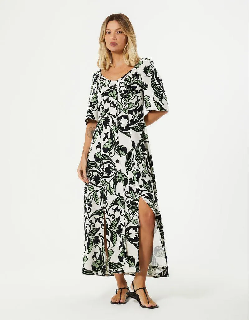 Vestido Midi Arabesco Floral - Areia