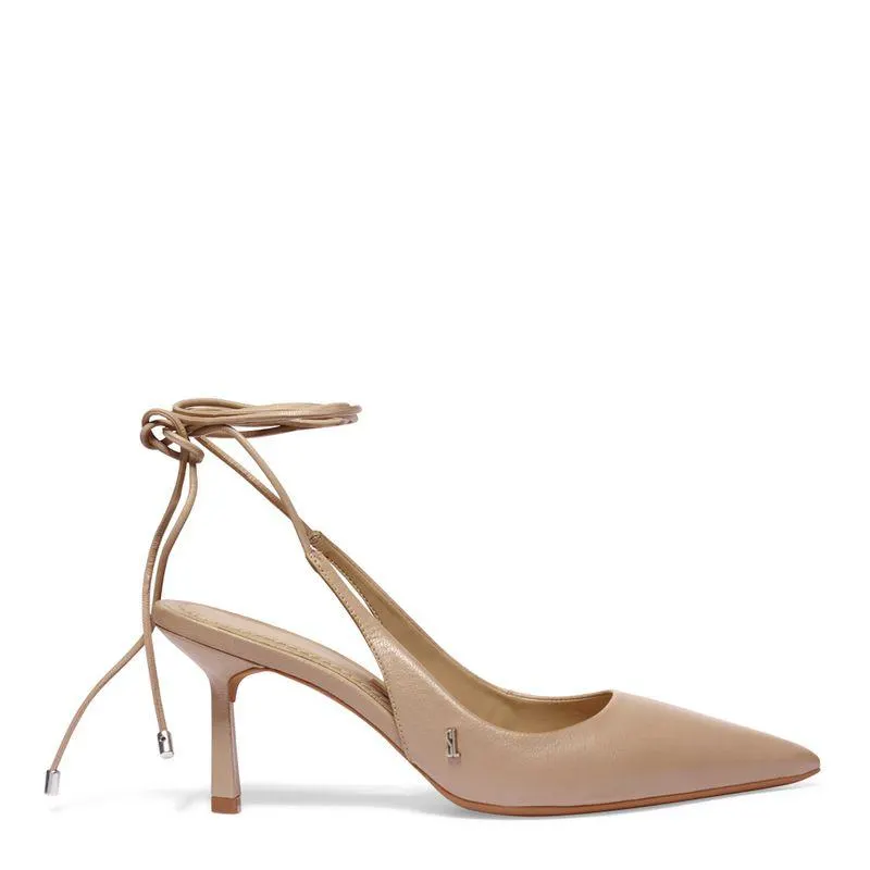 Sapato Scarpin Bege Couro Slingback Amarração