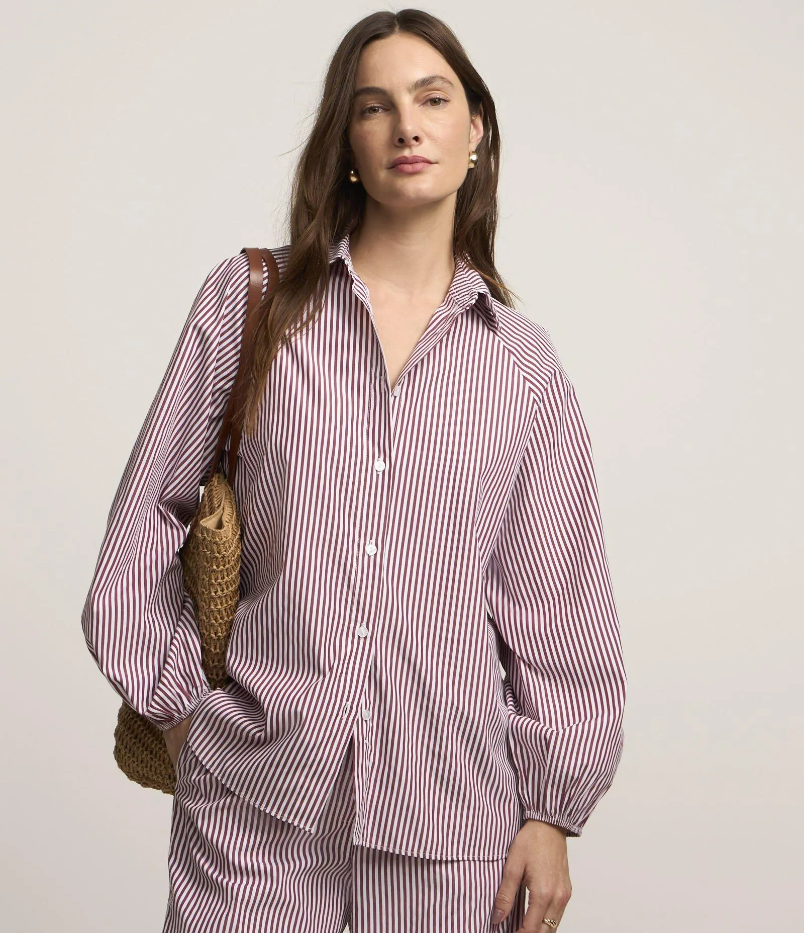 Camisa Listrado em Tricoline com Cava Raglan Vermelho/Branco