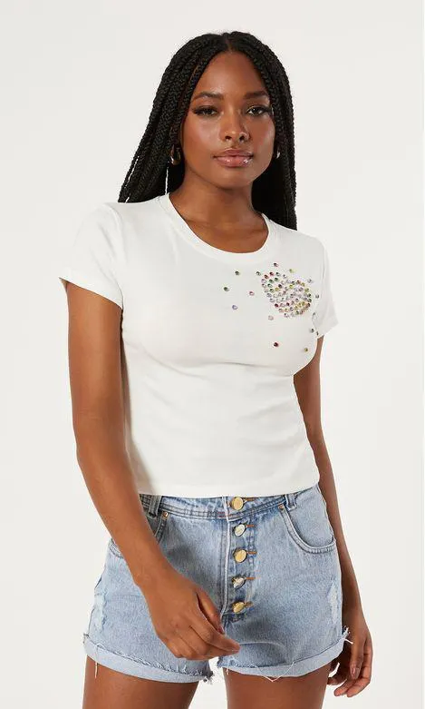 T-Shirt Coração Bordado Pedras Colors - Off