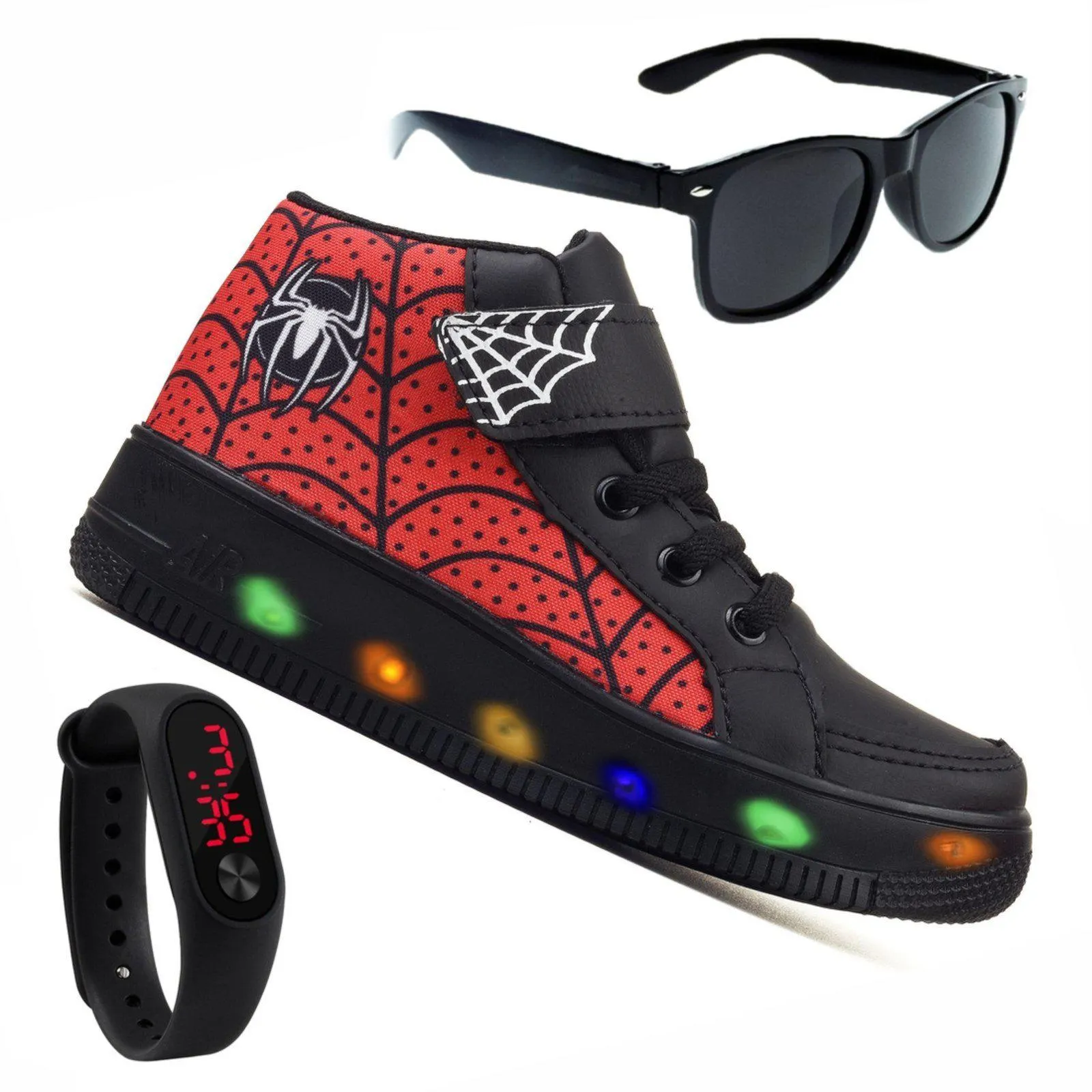Tenis Masculino De Led Infantil Botinha Aranha Calce Facil Oculos Relogio