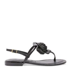 Rasteira Couro Preta Flor